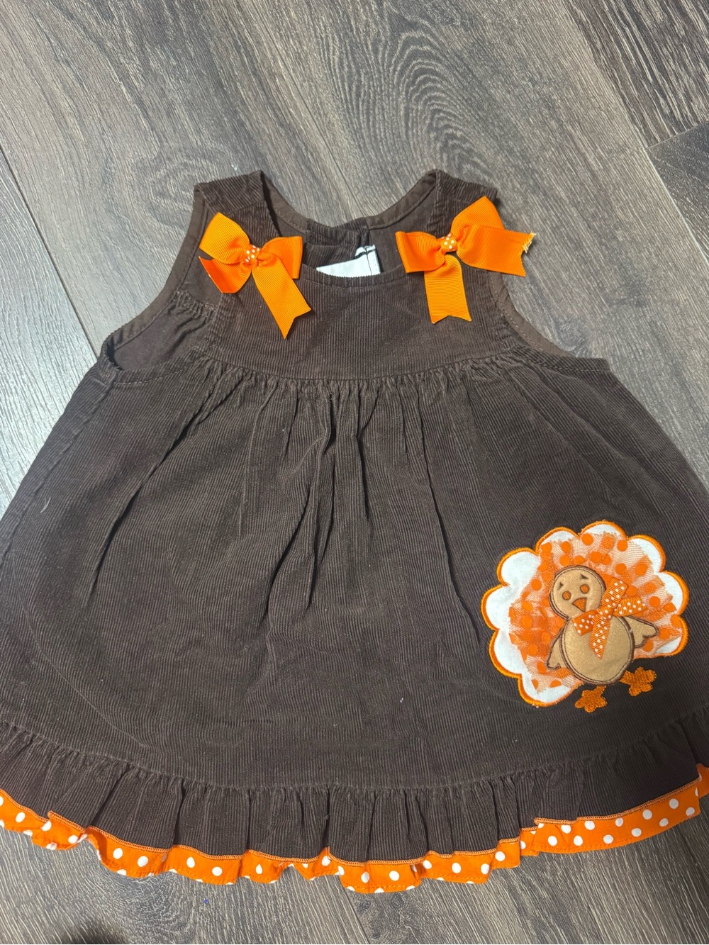 Rare Editions Brown Corduroy Dress with Orange Ribbon Detail